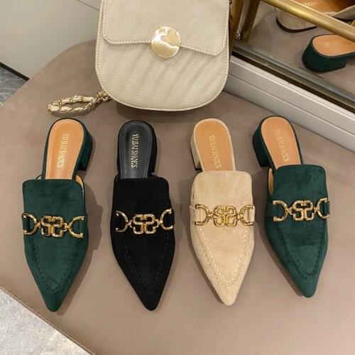 Women Slippers New Summer Low Heel Shoes Pointed Toe Female Slides Woman Outdoor Buckle Chain Shoe Flip Flops Pantuflas De Mujer