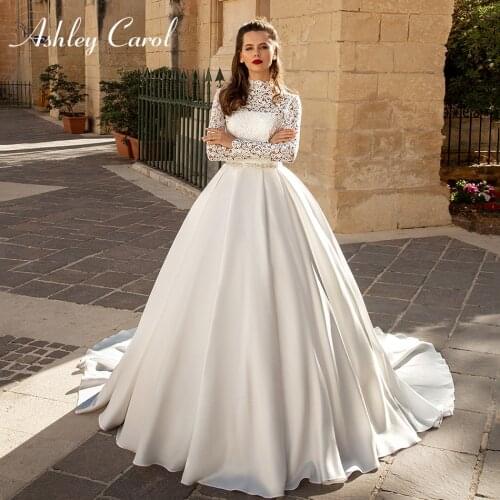 Ashley Carol Long Sleeve Wedding Dress 2021 Elegant Satin Bridal Lace Up High Neck Princess A-Line Bride Gown Vestido De Noiva