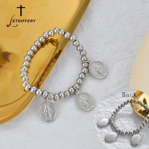 Letdiffery Vintage Virgin Mary Pendant Bracelets Stainless Steel Geometric Portrait Beads Chain Female Religious Jewelry Gifts