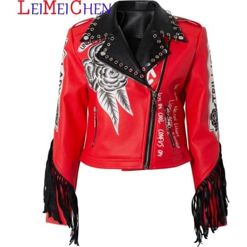 LEIMEICHEN Chinese Style Lapel Motorcycle Leather Jacket Womens Spring and Autumn New Tassel Eyelet Print Short Jackets PU Coat
