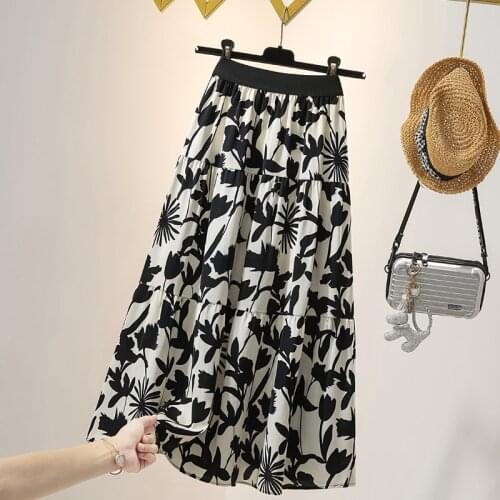 Black Printed Chiffon Midi Plus Size Oversized 5Xl Large Korean Fashion High-Waisted Vintage Summer WomenS Clothing Skirts 2021