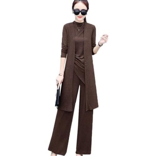 Knitted 3 Pieces Set Women Long Sleeve Cardigan and Sleeveless Pullover Tops and Wide Leg Pants Suit Womens Sets 2019 AE844