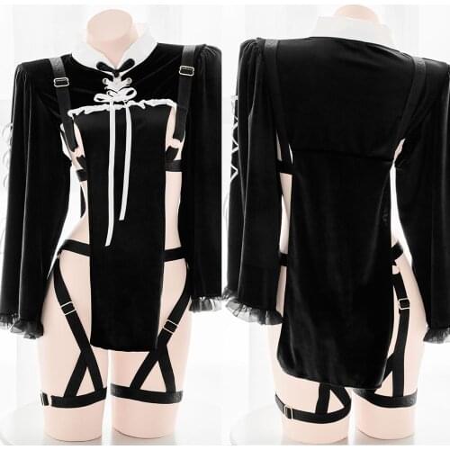 2021 Lolita Hollow Out Short Cheongsam Dress Cosplay Gothic Retro Sexy Womens Velvet Binding Elastic Perspective Underwear Suit