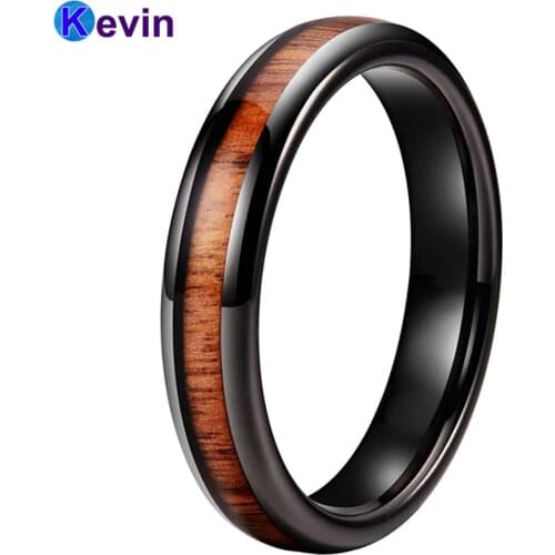 6MM Tungsten Men Women Ring Black Wedding Band With Koa Wood Inlay Dome Band Comfort Fit