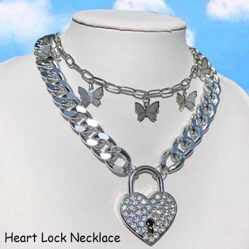 2000s Aesthetic Butterfly Crystal Heart Lock Necklace For Women Y2K Jewelry Harajuku Fashion Necklace Egirl Style Friends Gifts