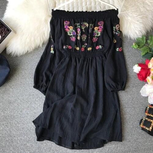 Long Sleeve Slash Neck Elastic Waist Off Shoulder White Dress Women Dresses 2021 Fashion New Floral Embroidery Casual Slim Dress