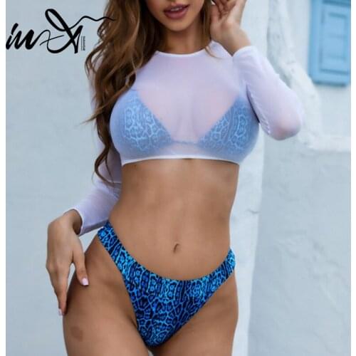 In-X Halter bikini 2021 Long sleeves swimsuit women High cut swimwear female Print bathing suit Triangle biquini 3 pieces set