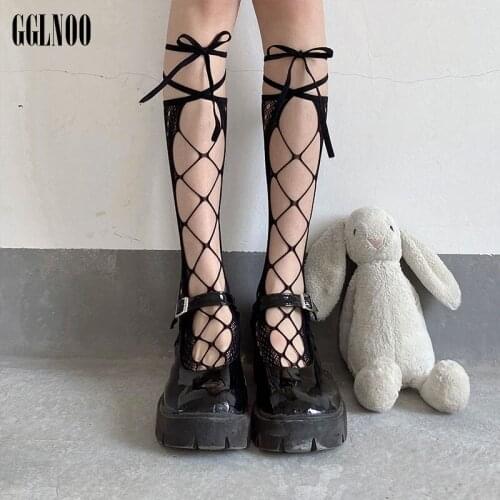 GGLNOO Japanese Harajuku Girls Cute Lolita Print Socks Lolita Kawaii Sweet Knee Long Silk Socks Over