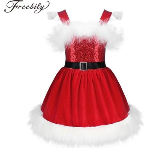 Newborn Baby Girls Sleeveless Feather Trim Shiny Sequins Faux Fur Hem Velvet Romper Dress Infant Christmas Costume New Year
