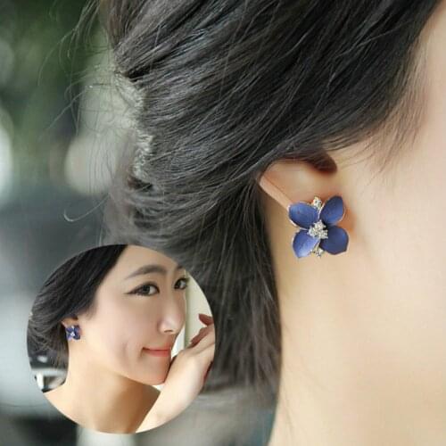 Korean Fashion Jewelry Sapphire Three-dimensional Frosted Crystal Ear Clip Elegant Sexy Camellia Earrings Female Earrings