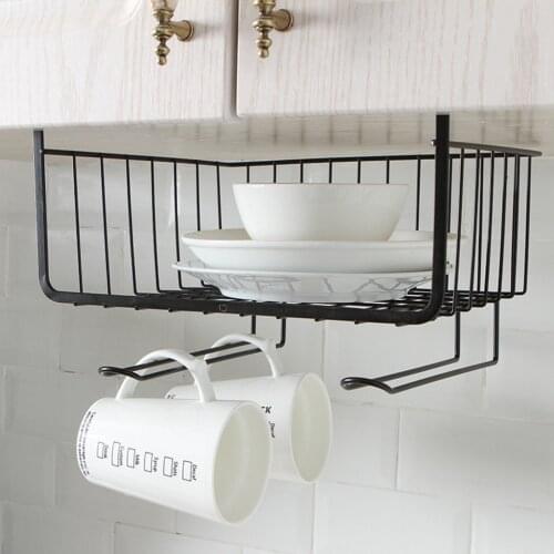 Kitchen Wall Hanging Storage Bin Under Shelf Wire Rack Cabinet Metal Iron Storage Basket Kitchen Bathroom Organizer Holder Stand