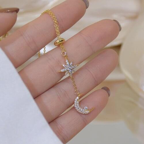Ins Hot Sale Shining Bling AAA Zircon Star Necklaces for Women Clavicle Chain Charm Wedding Moon Pendant 18K Gold Plated Jewelry