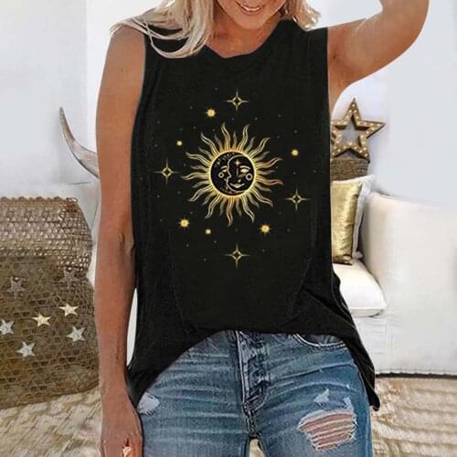 Sun Moon Printed Tank Top 2021 Women Sleeveless O-neck Summer Vest Tops Loose Femme Casual Tank Camiseta Tirantes Mujer #T2P P5