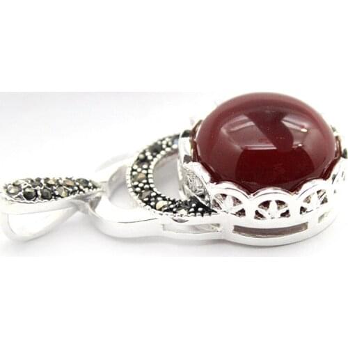 Fashion Natural 40*20mm Red jade 925 Silver Jewelry Marcasite Pendant