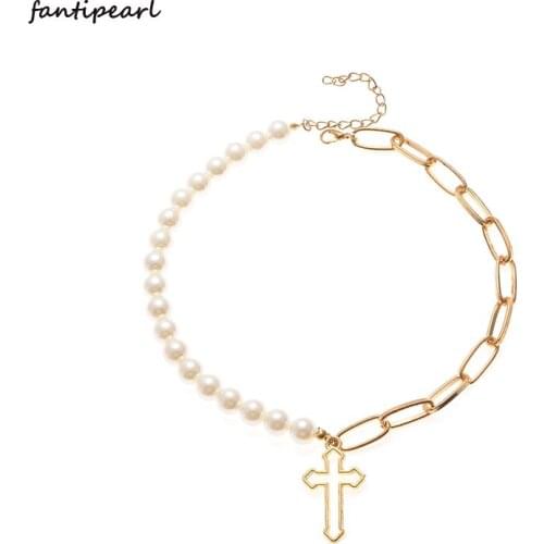 Fashion Pearl Chain Cross Necklace Ladies Punk Retro Exaggerated Short Necklace Female Necklace
