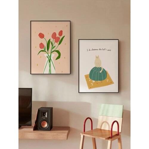 Cartoon Wall Art Canvas Painting Be Your Cat Nordic Fresh Flower Poster Simple Illustration for Livingroom Home Decor Unframed