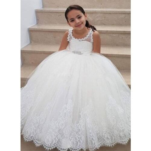 Formal Cute Flower Girls Dress For Weddings Lace Appliques Tulle Floor Length Backless First Communion Dresses