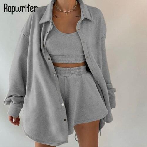 Y2k Casual Women Sets Solid Basic Suits Single Breasted Coat And Sleeveless Tank Top And Harajuku Loose Shorts Trendy Sweatwear