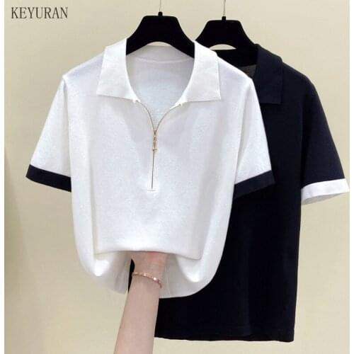 Plus Size Basic Knitted T Shirt Women Summer New Oversized Solid Tees White Black Casual Loose Tshirt Korean Lapel Female Tops