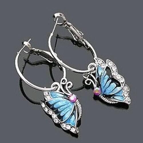 Women Blue Crystal Rhinestone Earring Enamel Butterfly Dangle Hoop Earbob Earings Fashion Jewelry Statement Earrings