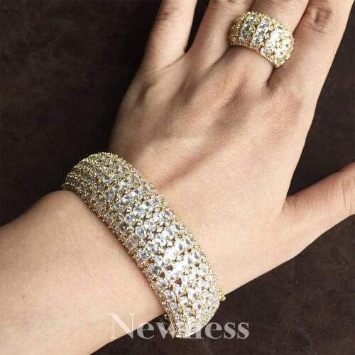 Newness Fashion Luxury Super Flowers AAA Cubic Zirconia Bangle And Ring Set Women Engagement Party Width Bracelet