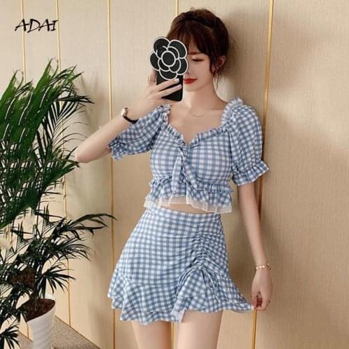 Womens Swimwear 2021 Summer Suit 2 Piece Swimsuit with Skirt Ruffles Plaid Print High Waisted Bikini Set Bathing Suit Beachwear