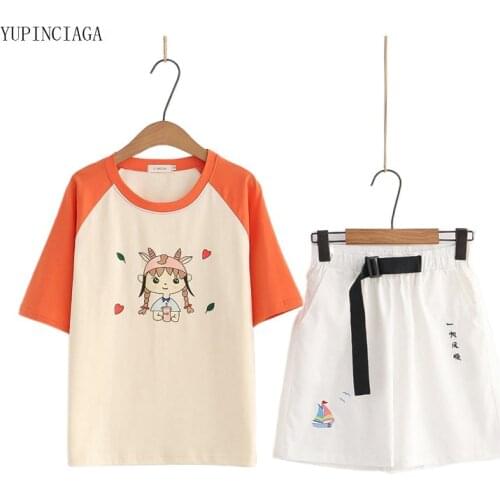 Summer 2 Pieces Sets Womens Cartoon Print Loose Short Sleeve Patchwork T-shirt + Shorts Girl Casual Two Piece Set 0427
