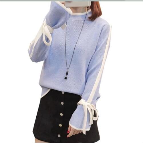 Sweet Long Flare Sleeve Women Sweater 2018New Autumn Winter Women Short Knitted Pullovers Loose Bow Thicken Bottom Sweater Q778