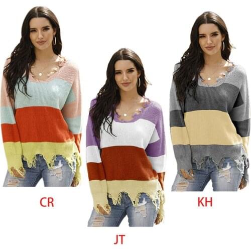 Women Long Sleeve V-Neck Sweater Ribbed Knitted Color Block Striped Pullover Tops Vintage Ripped Distressed Loose Jumper