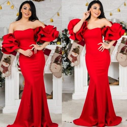 Formal Mermaid Evening Dresses 2021 Satin Ruffles Sleeves Prom Gowns for Weddings Guest Wear Sweetheart robe de soirée femme