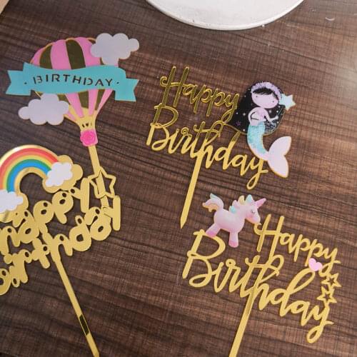1 Pcs Rainbow Hot Air Balloon Happy Birthday Unicorn Flamingo Cake Toppers For Cupcake Toppers Wedding Cake Decoration Supply