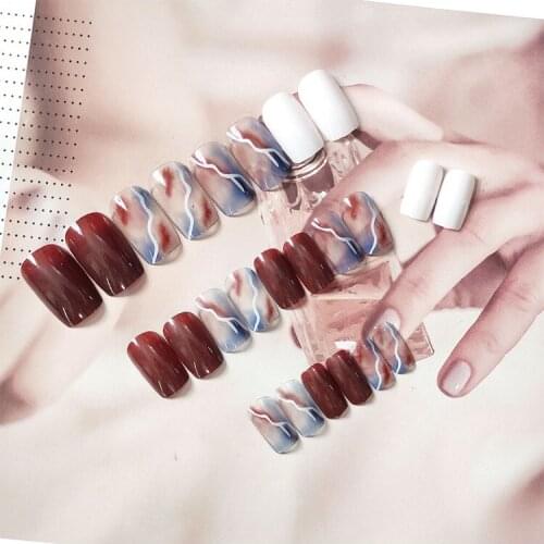 High Quality 24pcs Wine Red Nail Patch Glue Type Removable Long Paragraph Fashion Manicure Save Time False Nail Patch