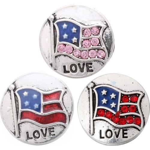 5pcs/lot New Snaps Jewelry High Quality Crystal American Flag Love 18mm Metal Snap Buttons DIY Charms Snap Button Jewelry