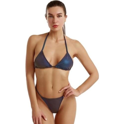 Bikini Womens Sexy Bright Color Reflective Bikini Split Strap Swimsuit Swimming Suit for Women High Waist
