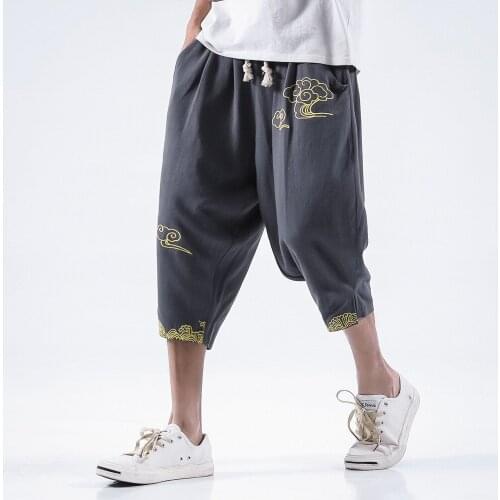 Summer men sweatpants linen embroid Indian harem loose yoga pant bloomers baggy running jogger casual fitness pants sportswear