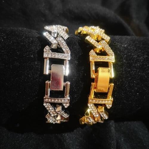 Full Iced Out Cuban Chain Mens Hip Hop Jewelry Big Gold Chains Rhinestone 15mm Rapper Fashion Charm Bracelet Men Women Gold Link