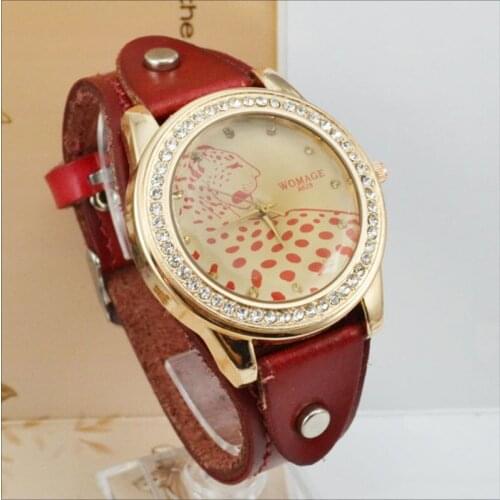 Womage Women Watches Fashion Vintage Women Watches Rhinestone Leopard Pattern Watches Leather Womens Watches Quartz Reloj Mujer