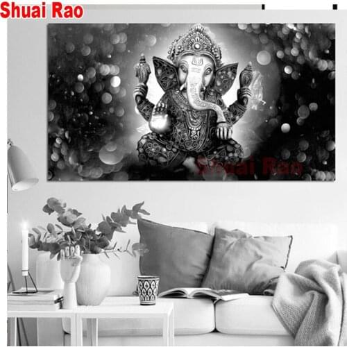Black white art diamond painting full square mosaic cross stitch diamond embroidery India Lord Elephant Religion Goden Buddha