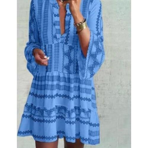 BacklakeGirls Elegant Blue V Neck Shirt Dress Stripe Print Loose Long Sleeve Women Cocktail Dress Short Party Dress Vestidos