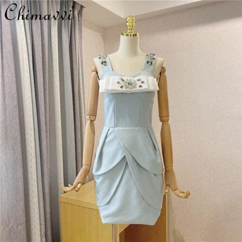 Exquisite Rhinestone Bow Suspenders Bud Dress 2021 Summer New Fashion Design Luxury Slimming Backless Dress Elegant Dress Women