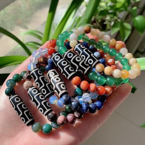 Reiki Stone Natural Tibetan Dzi Agates Bracelets Nine Eyed Charm Black Obsidian Red Agat Opal Yellow Quartz Crystal Bracelet