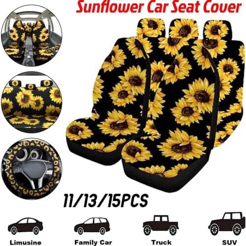 Sunflower Car Seat Cover Set Universal Print Back Steering Wheel Coche Yellow Mats Auto Accessorie