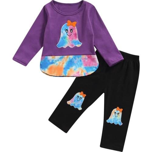 2Pcs Spring Autumn Little Girls Outfit, Cartoon Embroidery Long Sleeve Round Collar Splicing Tops + Long Trousers Set 1-6T