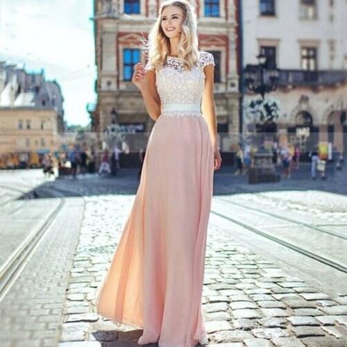 Beautiful simple candy color pink A line floor length short sleeves chiffon scoop neck formal homecoming prom dresses gowns