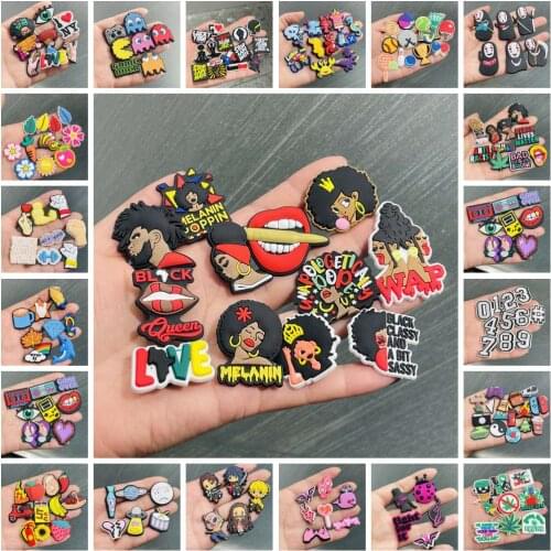Hot 50Pcs Funny Cartoon Black live Better Melanin Rights Protection Shoe Charms Accessories PVC Shoe Decoration for Croc jibz