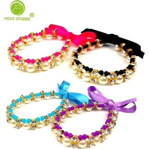Lovely Delicate Pearl Pet Dog Collar High Quality Soft Adjustable Ribbon Collar for Small Dogs Princess Rhinestone Necklace 10E