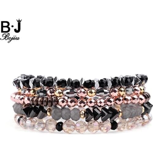 BOJIU 5 Pcs/Set Trendy Crystal Bracelets Women Rose Gold Silvery Black Gray Crystal Beads Hematite Female Bracelets BCSET236
