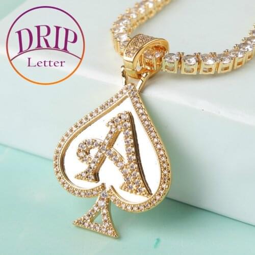 Poker Hearts Pendant Gold Color Tennis Chain AAA Bling Iced Zircon Mens Hip Hop Rock Jewelry