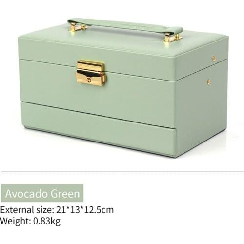 Avocado Green Portable Pu Leather Jewelry Storage Box With Lock Mirror For Femal Ring Earring Pendent Bracelet Jewellery Holder