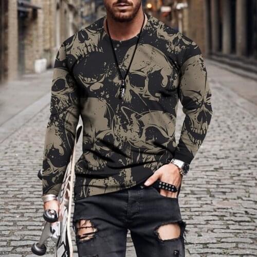 Casual Mens O-neck 3D Skull Print Slim Fit Mens T-shirt Fashion Pullover Long Sleeve Mens Oversized T-shirt